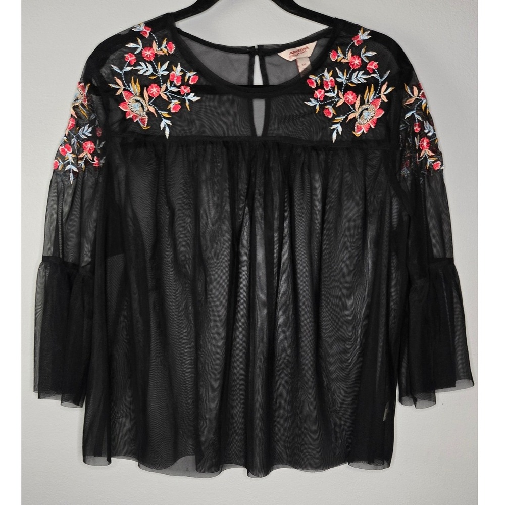 Arizona Jean Co XXL Black Mesh Embroidered Floral Bell Sleeve Boho Top